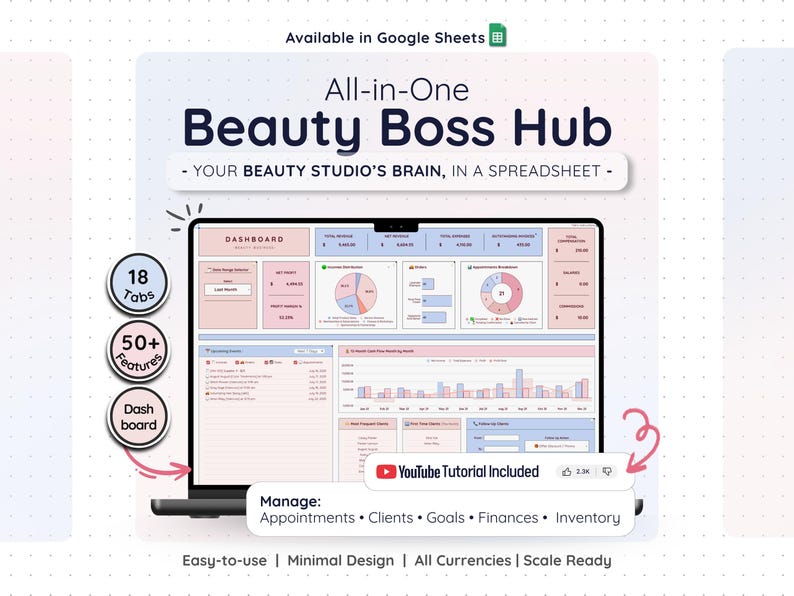 Thumbnail – “Beauty Boss Hub” Overview
A polished preview of the Beauty Boss Hub spreadsheet template for beauty business owners. Showcases the dashboard on desktop and tablet with key highlights like 18 tabs and 50+ smart features for appointment tracking, inventory, finances, and more. Designed for beauty studios using Google Sheets. Bonus gift included.