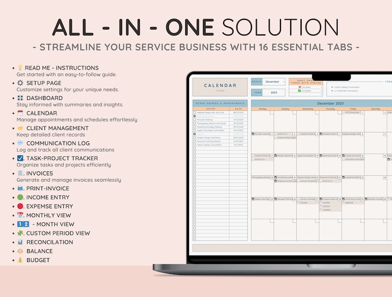 May include: A laptop screen displaying a digital calendar with the text "ALL-IN-ONE SOLUTION". The calendar includes sections for appointments, tasks, and client management. The screen also shows a list of 16 essential tabs for service businesses.