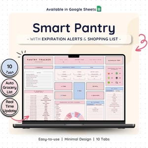 Organizador de despensa de cocina, Hojas de cálculo de Google, Lista de compras, Gestor de inventario de alimentos, Rastreador de almacenamiento, Planificador de presupuesto de comidas, Plantilla para refrigerador