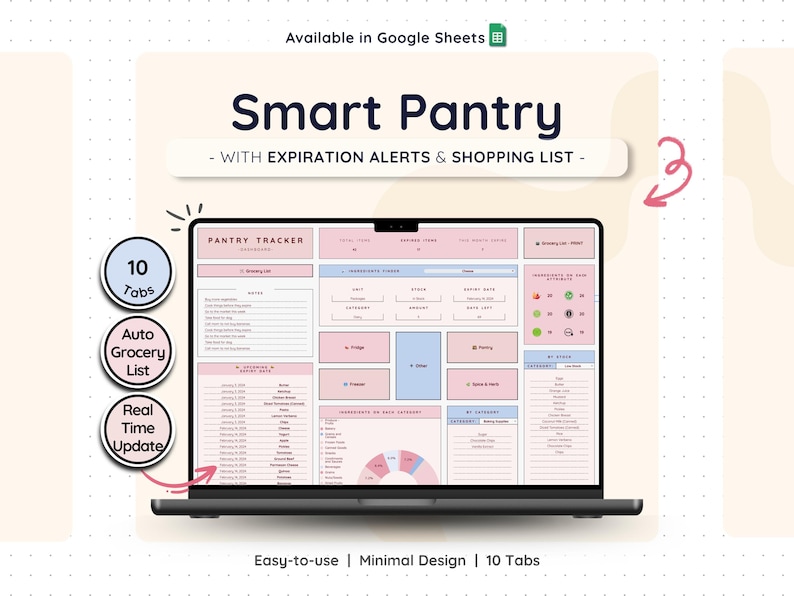 Smart Pantry Google Sheets template shown on a laptop screen, featuring a clean dashboard with inventory overview, expiration alerts, auto-generated grocery list, and storage categories. Minimal pastel design highlights 10 easy-to-use tabs for pantry, fridge, freezer, and spices, designed to help organize food storage and reduce waste.