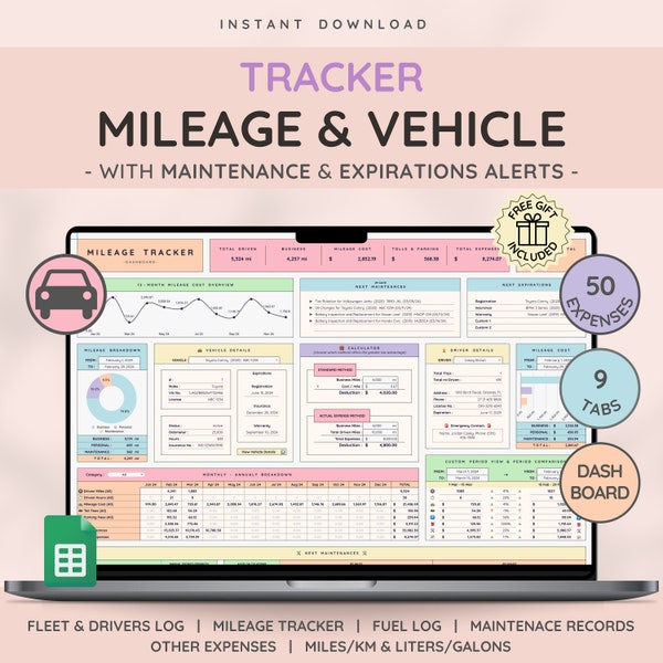 Fahrzeug & Verbrauch Tracker Log mit Ausgaben, Tank, Wartung Tracker, und Verbrauchsrechner | Business-Arbeitsblatt für Google Sheets