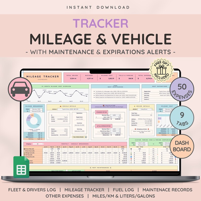 Vehicle & Mileage Tracker Log with Expenses, Fuel, Maintenance Tracker, and Mileage Calculator Business Spreadsheet for Google Sheets image 1