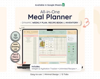 Meal Prep Planner Google Sheets Weekly Menu Template Grocery List Spreadsheet Calorie Counter Family Meal Planning Digital Food Organizer