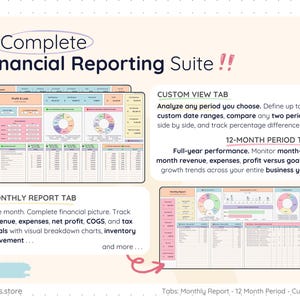 Financial reporting tabs including Monthly Report, 12-Month Period Overview, and Custom View comparisons. Visual charts for revenue, expenses, profit, COGS, tax totals, and inventory movement. Users can define custom date ranges, compare periods side-by-side, and analyze full-year business performance with automated calculations.