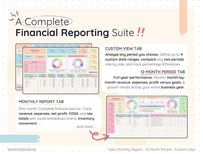 Financial reporting tabs including Monthly Report, 12-Month Period Overview, and Custom View comparisons. Visual charts for revenue, expenses, profit, COGS, tax totals, and inventory movement. Users can define custom date ranges, compare periods side-by-side, and analyze full-year business performance with automated calculations.