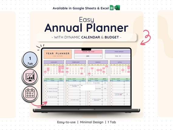 2026 Annual Planner Spreadsheet Google Sheets Excel Yearly Calendar Template Monthly Task Tracker Daily Productivity Goal Setting Digital