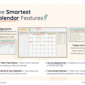 Calendar view of a task management spreadsheet for Google Sheets and Excel. Features a monthly task calendar, today’s summary, monthly task list, custom entries, status filters, month and year selection, and up to six daily tasks displayed automatically. Designed to organize schedules, deadlines, and activities in one interactive calendar.