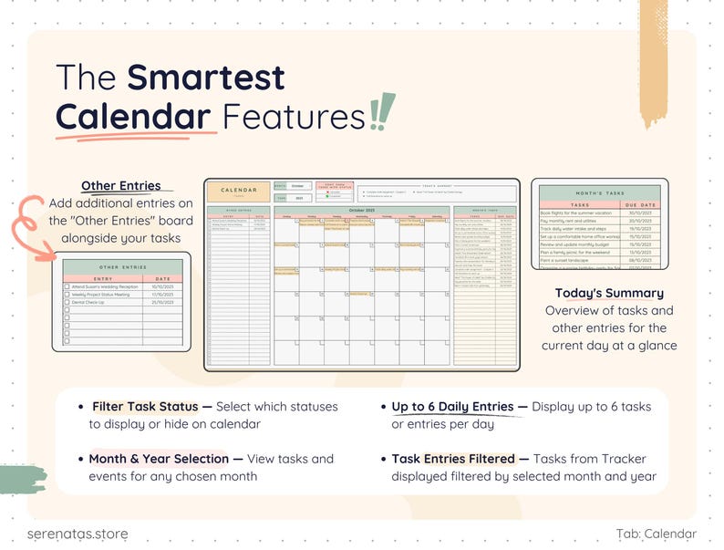 Calendar view of a task management spreadsheet for Google Sheets and Excel. Features a monthly task calendar, today’s summary, monthly task list, custom entries, status filters, month and year selection, and up to six daily tasks displayed automatically. Designed to organize schedules, deadlines, and activities in one interactive calendar.