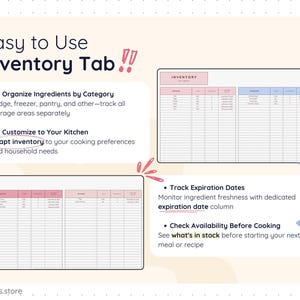 Easy-to-use food inventory tab displaying fridge, freezer, pantry, and other storage areas separately. Includes ingredient names, units, quantities, and expiration dates to track freshness, check availability before cooking, and customize inventory based on household needs and cooking preferences.