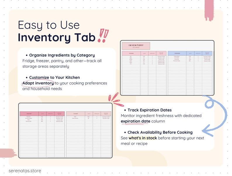 Easy-to-use food inventory tab displaying fridge, freezer, pantry, and other storage areas separately. Includes ingredient names, units, quantities, and expiration dates to track freshness, check availability before cooking, and customize inventory based on household needs and cooking preferences.