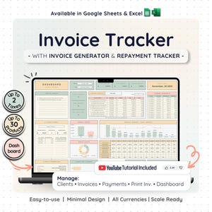 Invoice Generator Tracker Google Sheets Excel Zahlungs-Manager Kundenabrechnungs-Dashboard Small Business Spreadsheet-Empfangsvorlage