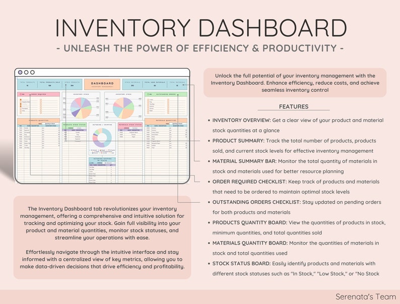 May include: An inventory dashboard with the title "INVENTORY DASHBOARD" and the subtitle "- UNLEASH THE POWER OF EFFICIENCY & PRODUCTIVITY -". The dashboard displays charts and data tables for inventory management, including stock levels and order tracking.