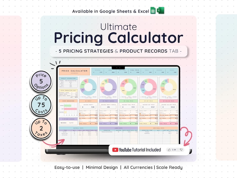 Pricing calculator for instant download, supports up to 2 taxes, 75 costs, and 5 price options. Easy-to-use spreadsheet for Google Sheets with 5 tabs, all currencies, and auto calculations, ideal for small businesses and entrepreneurs.