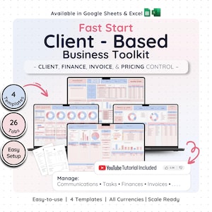 Puede incluir: Un kit de herramientas empresarial digital con cuatro pantallas de ordenador que muestran plantillas de hojas de cálculo con gráficos y tablas. El texto incluye Fast Start Client-Based Business Toolkit, 4 Templates, 26 Tabs, Easy Setup y YouTube Tutorial Included.