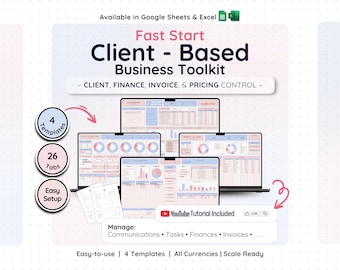 May include: A digital business toolkit featuring four laptop screens displaying spreadsheet templates with charts and tables. Text includes Fast Start Client-Based Business Toolkit, 4 Templates, 26 Tabs, Easy Setup, and YouTube Tutorial Included.