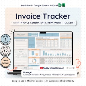 Rastreador de pagos de facturas de clientes, Google Sheets, Generador de plantillas de facturación de Excel, Gestor de recibos, Hoja de cálculo financiera para pequeñas empresas