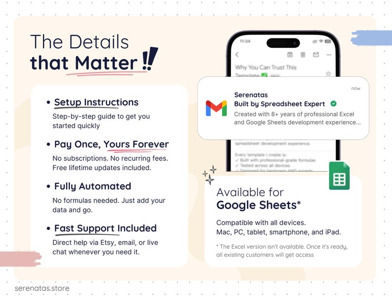 Product details for the Smart Pantry Google Sheets template, highlighting step-by-step setup instructions, one-time purchase with lifetime updates, fully automated formulas, fast customer support, and compatibility with Google Sheets across desktop, tablet, and mobile devices.
