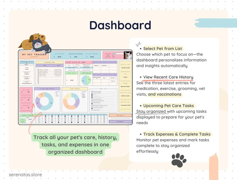 Pet Tracker dashboard in Google Sheets showing personalized pet selection, recent care history, medication and vaccination entries, expense charts, task checklist, and upcoming care reminders. Clean organized layout centralizing pet health records, activities, grooming, vet visits, and expenses in one easy-to-use dashboard.