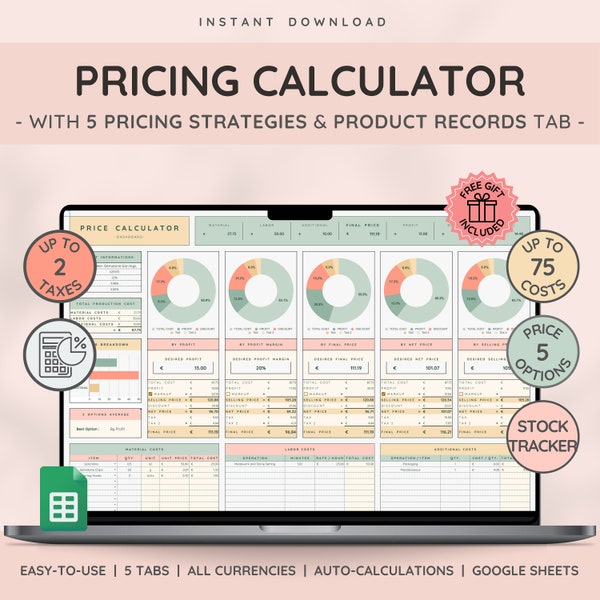 Price & Profit Calculator for Small Businesses with 5 Pricing Strategies and up to 2 Taxes | Price Guide | Price List for Google Sheets