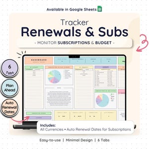 Monthly Bill Tracker Google Sheets Subscription Manager Renewal Planner Budget Spreadsheet Expense Cost Organizer Financial Template