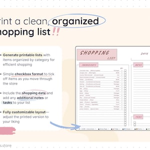 Printable grocery shopping list layout generated from the Smart Pantry template, featuring categorized items, quantities, checkboxes, shopping date, notes, and task sections. Designed for a clean, organized print-friendly experience to use while shopping.