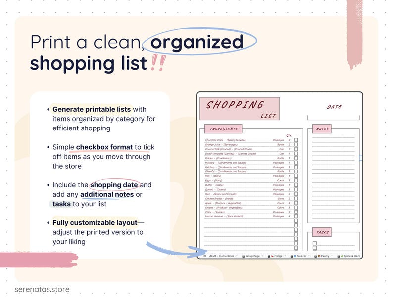 Printable grocery shopping list layout generated from the Smart Pantry template, featuring categorized items, quantities, checkboxes, shopping date, notes, and task sections. Designed for a clean, organized print-friendly experience to use while shopping.