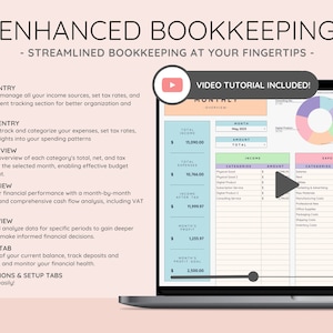 May include: A laptop computer screen displaying a spreadsheet with a colorful pie chart and a video tutorial icon. The spreadsheet is titled "Enhanced Bookkeeping" and includes sections for income, expenses, monthly view, annual view, custom view, and balance tab. The spreadsheet is designed to help users track their finances.