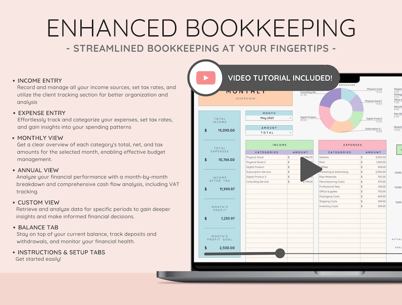 May include: A laptop computer screen displaying a spreadsheet with a colorful pie chart and a video tutorial icon. The spreadsheet is titled "Enhanced Bookkeeping" and includes sections for income, expenses, monthly view, annual view, custom view, and balance tab. The spreadsheet is designed to help users track their finances.