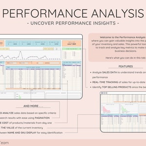 May include: A digital graphic titled "PERFORMANCE ANALYSIS" with the subtitle "- UNCOVER PERFORMANCE INSIGHTS -". The image displays a mock-up of a performance analysis dashboard with charts, graphs, and data tables. Text highlights features like sales data analysis and real-time tracking.