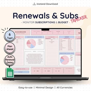 Op de afbeelding: Een laptop scherm toont een abonnement tracker met de titel "Renewals & Subs", met de tekst "Monitor Subscriptions & Budget". De interface bevat een dashboard met grafieken en tabellen. Functies zijn "6 Tabs", "Plan Ahead" en "Auto Renewal Dates".