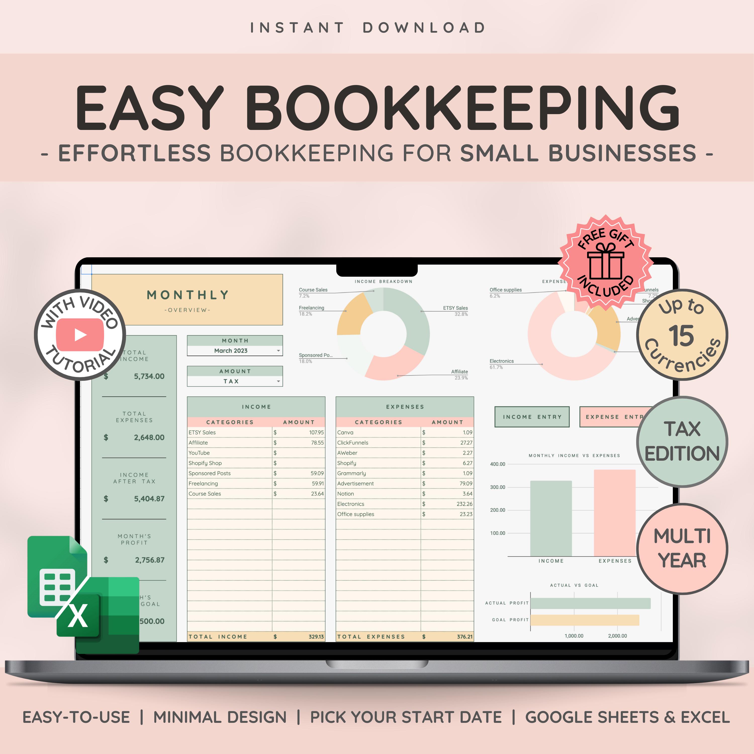 Small Business Bookkeeping Template | Excel Bookkeeping Business Spreadsheet | Tax Planner | Sales & Revenue Tracker