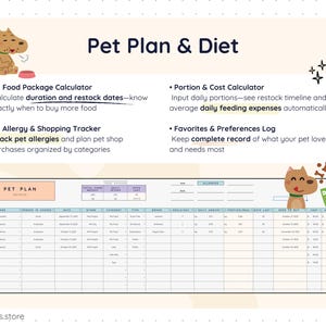 Pet diet and meal planning sheet in Google Sheets featuring food package duration calculator, restock date tracking, portion and cost calculator, allergy tracker, shopping categories, and favorites log. Automatically calculates daily feeding expenses and helps manage pet nutrition and food budgeting efficiently.