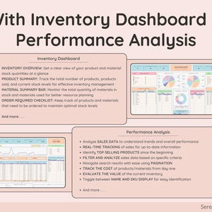 May include: A pink and white infographic with the title "With Inventory Dashboard & Performance Analysis". The infographic shows two dashboards, one for inventory and one for performance analysis. The inventory dashboard includes sections for inventory overview, product summary, material summary bar, and order required checklist. The performance analysis dashboard includes sections for analyzing sales data, real-time tracking, identifying top selling products, filtering and analyzing sales data, tracking the cost of products, evaluating the value of the current inventory, and toggling between name and SKU display.
