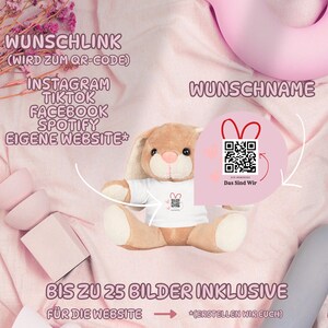 May include: A plush bunny wearing a white t-shirt with a heart and bunny logo. The image includes text in German: "WUNSCHLINK", "WUNSCHNAME", "BIS ZU 25 BILDER INKLUSIVE", and social media platform names. A QR code is also visible.