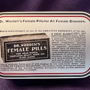 Dr. Worden's Female Pills antique reproduction patent medicine tin for reenactors, cosplay perfect gift for her image 4