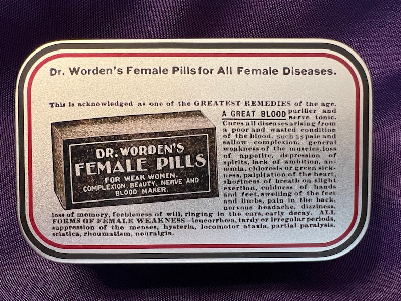Dr. Worden's Female Pills antique reproduction patent medicine tin for reenactors, cosplay perfect gift for her image 4