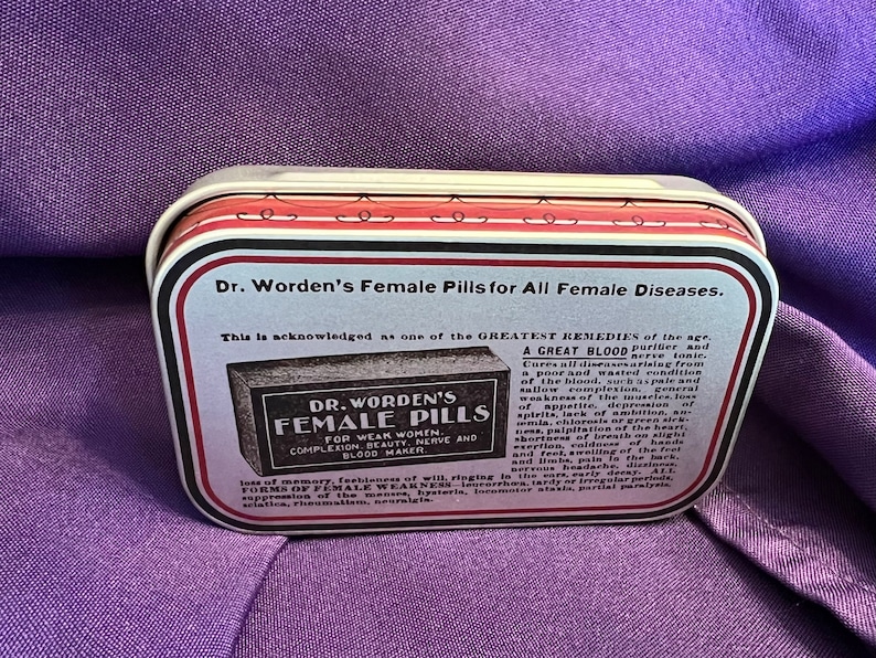 Dr. Worden's Female Pills antique reproduction patent medicine tin for reenactors, cosplay perfect gift for her image 2