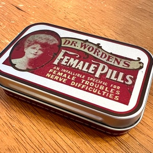 Dr. Worden's Female Pills antique reproduction patent medicine tin for reenactors, cosplay perfect gift for her image 1