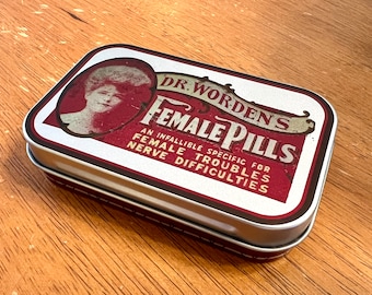 Dr. Worden's Female Pills - antique reproduction patent medicine tin for reenactors, cosplay - perfect gift for her