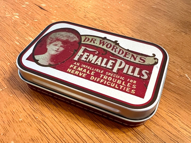 Dr. Worden's Female Pills antique reproduction patent medicine tin for reenactors, cosplay perfect gift for her image 1