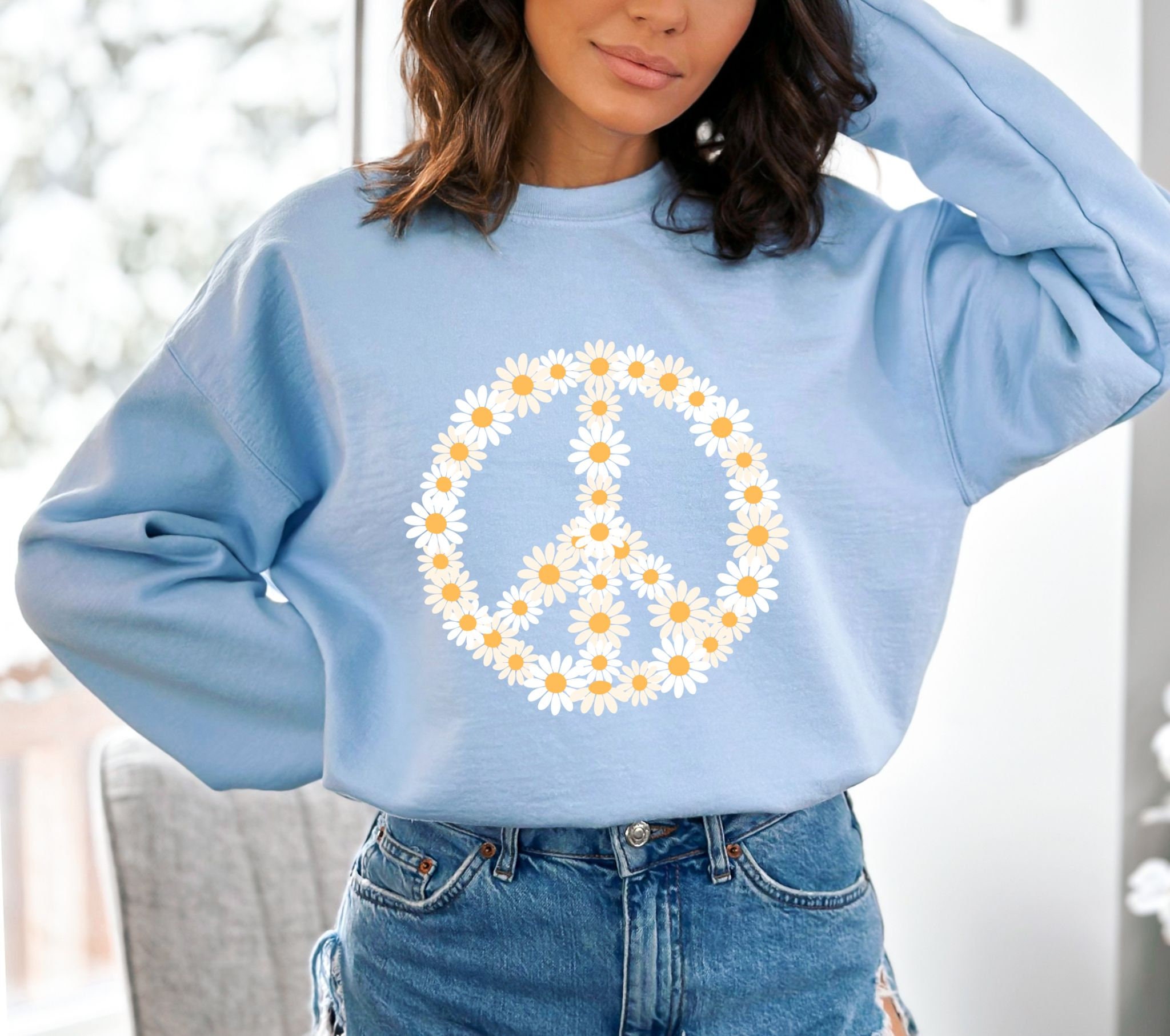 【SHOOP】PEASE SWEATSHIRT Pease Symbol Daisy Peace Sign Sweatshirt, Flower Shirt, Peace Sweater