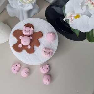 Può includere: Una collezione di decorazioni a forma di maiale rosa e un omino di pan di zenzero marrone con dettagli di maiale su una superficie bianca strutturata. Ulteriori decorazioni a tema maiale includono piccole teste di maiale e code rotonde di maiale.