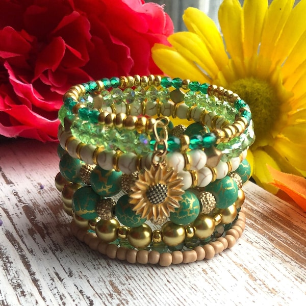 Embrace the Gypsy Spirit:Sunflower Memory wire Bangle Stack.  Thrilling Emerald Greens and Shimmering Golds.  Absolute Unique Gift!