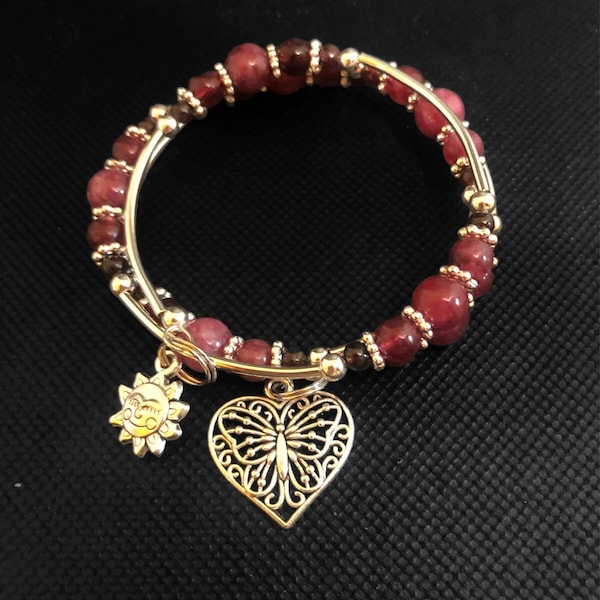Natural dark red garnet cuff Boho Memory Wire Wrap bracelet, with silver tube beads.  3 Coil Bangle Bracelet, Charm Bracelet, Gift for her