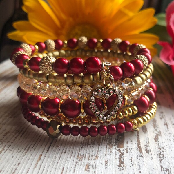 Red and gold memory wire bracelet, 6 wraps, Bangle-like, Charm bracelet, Love bracelet, Gypsy bracelet, Coil bracelet, Boho bracelet
