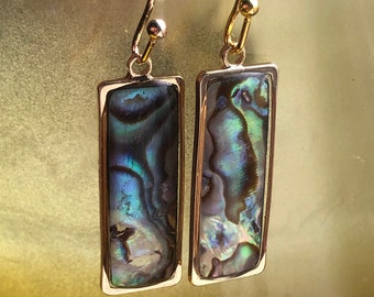 Paua abalone shell rectangle dangle drop earrings, iridescent, lightweight tropical beach jewelry, boho gift for her, minimalist, brass set.