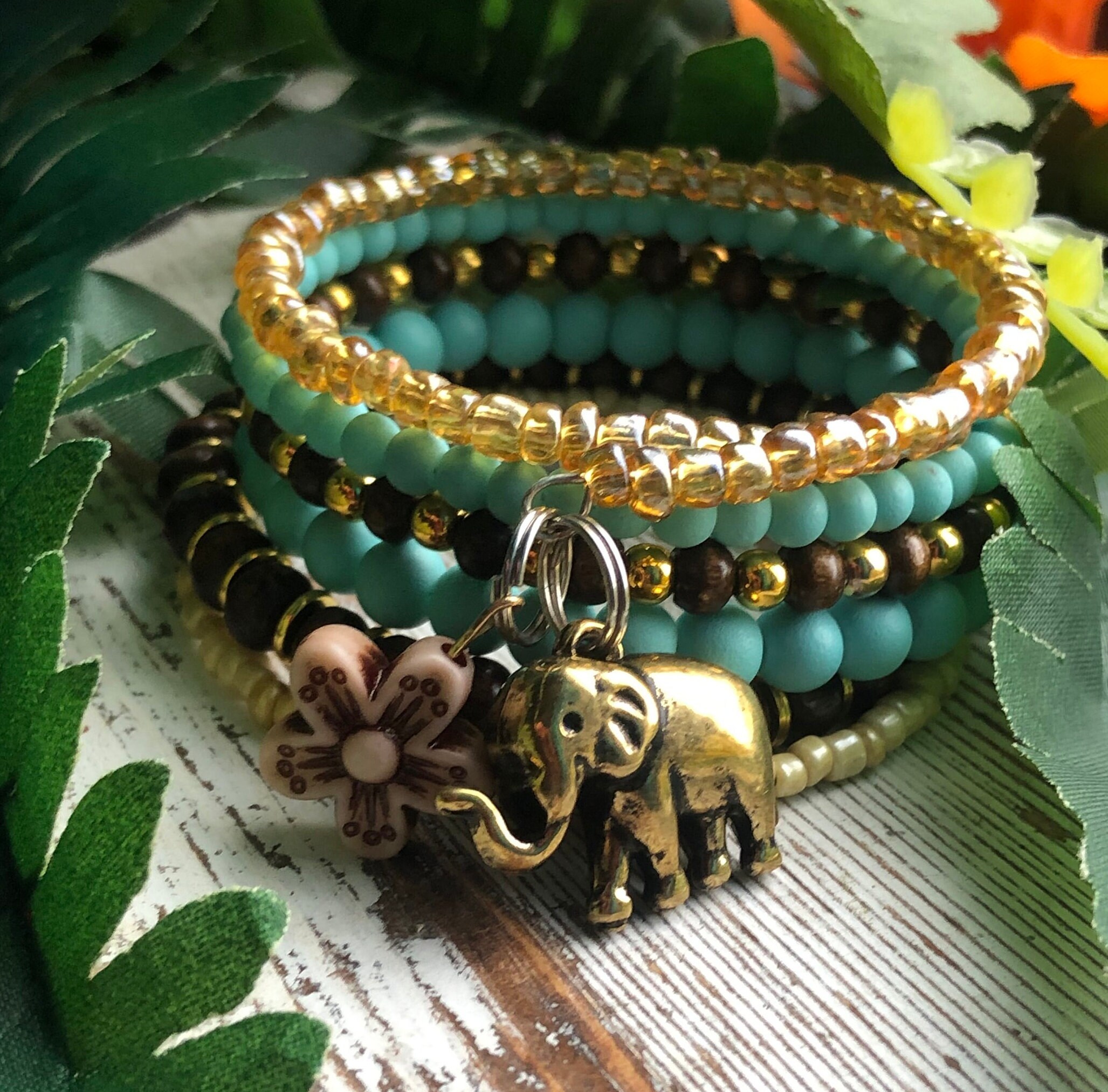 Jungle Elephant and Flower Charm Memory Wire Bracelet With 6 Coils