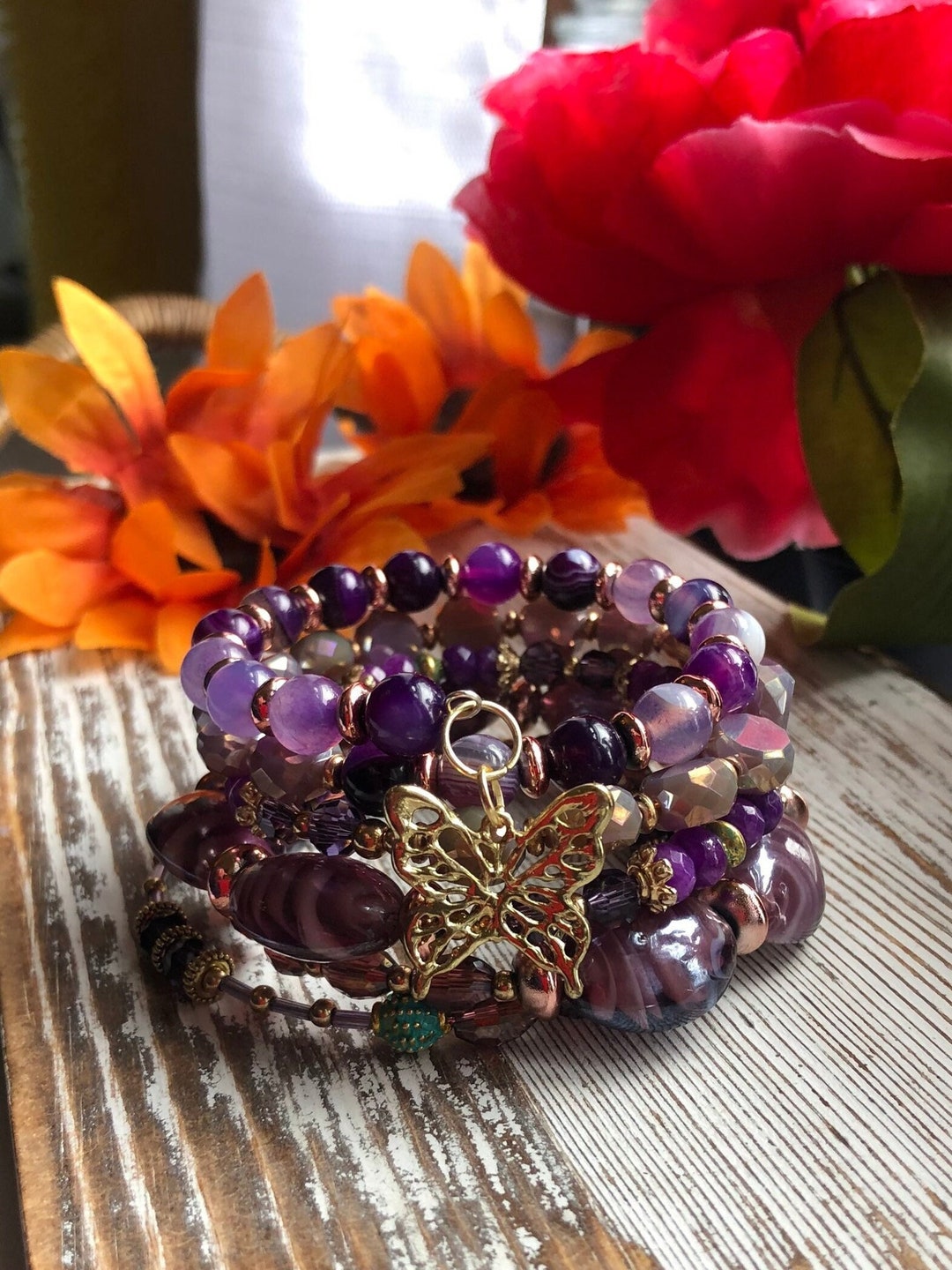 Gemstone/charm Bracelet/memory Wire Stack Bracelet/coil Bracelet/wrap