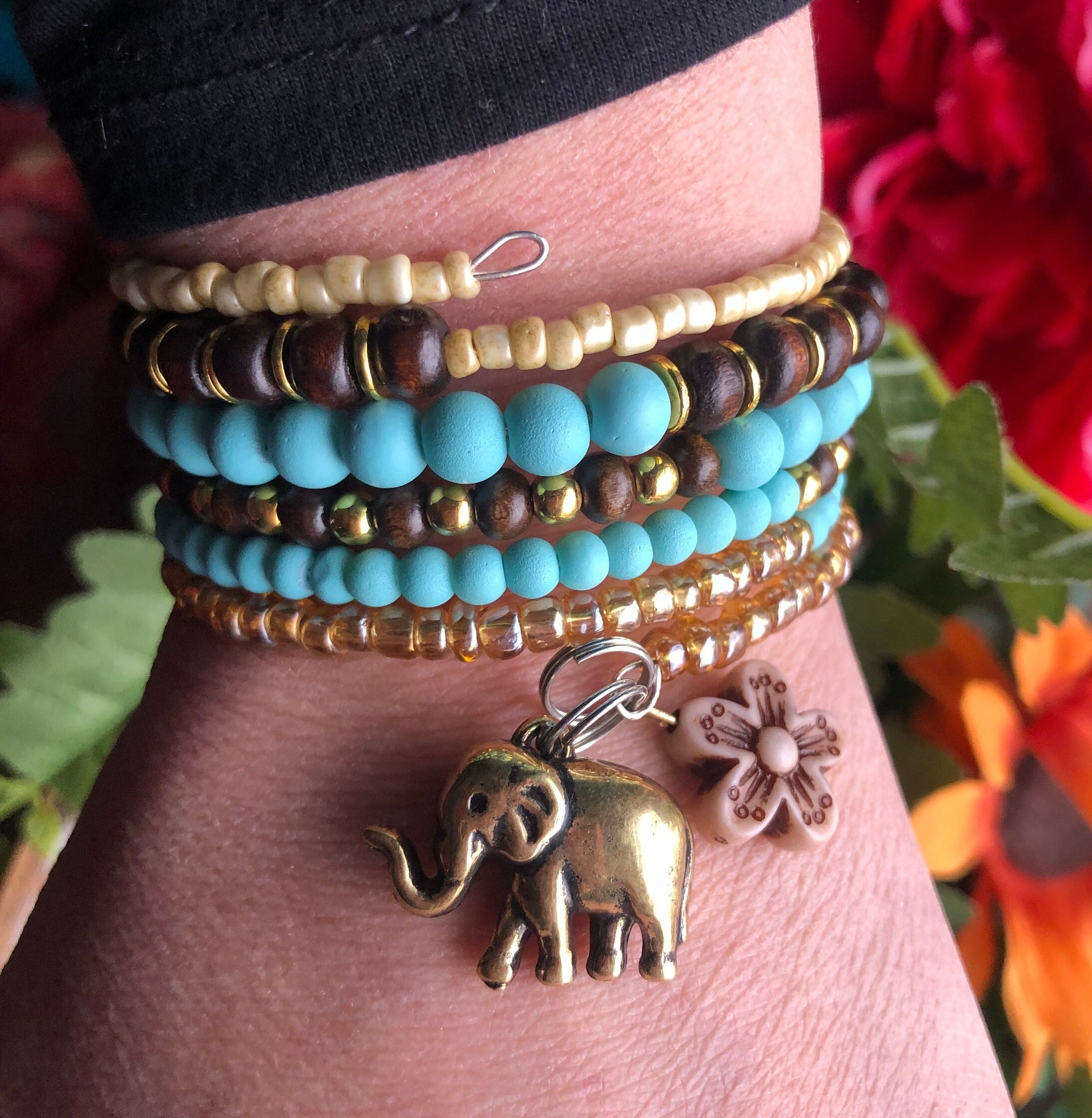 Jungle Elephant and Flower Charm Memory Wire Bracelet With 6 Coils