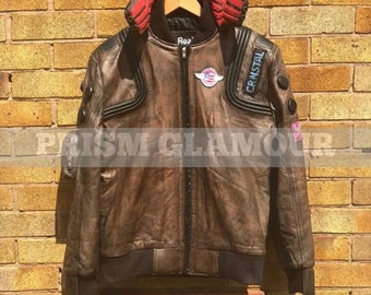 Cyberpunk 2077 Distressed Brown Leather Costume Embroidery Jacket Men